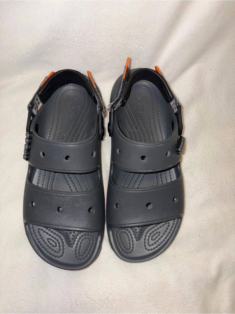 CROCS Gray Sandals with Orange Accent men size 7/women size 9